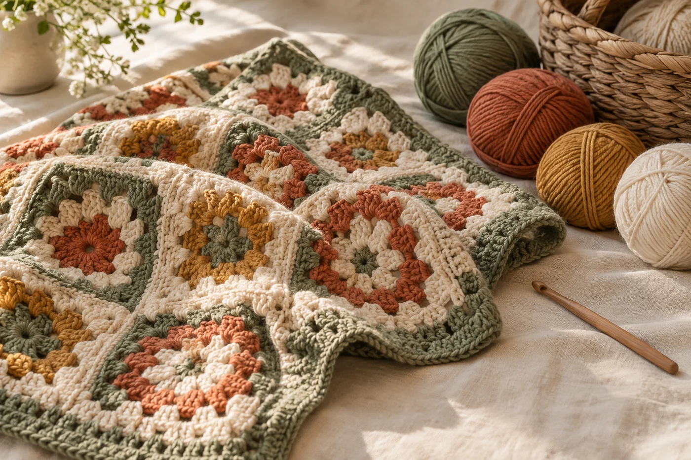 A cozy crochet blanket with sage, cream, and terracotta yarn on linen