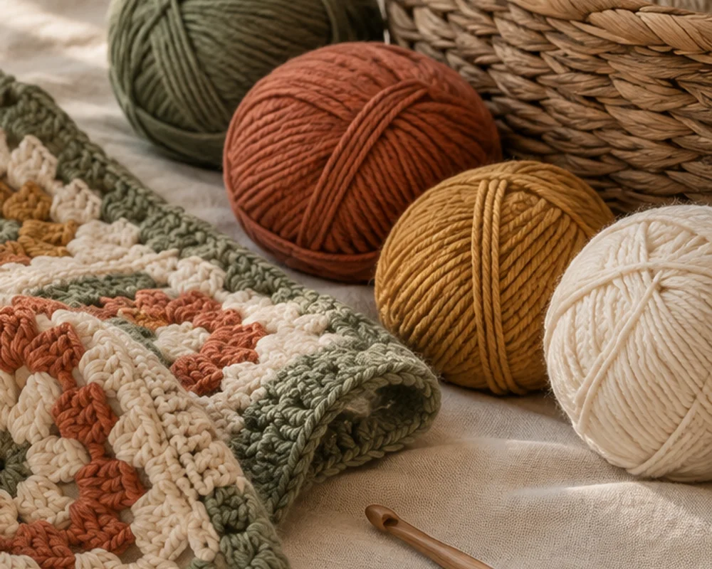Soft yarn and a wooden crochet hook in a warm, welcoming craft scene